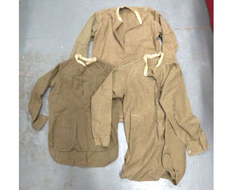 Three WW2 Pattern Other Ranks Collarless Shirts khaki, half fastened front shirts. &nbsp;Tan cotton edging to the open collar