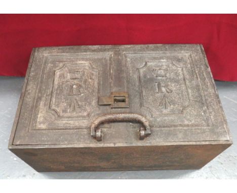 19th Century Military Issue Strong Box Safe 17 1/2 x 11 1/2 x 7 1/2 inch, steel strong box. &nbsp;The lid cast with two panel