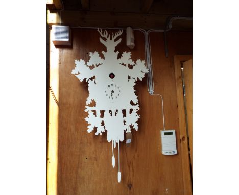 An Italian Dlamantini & Domeniconi white painted metal wall clock in the form of a cuckoo clock 
