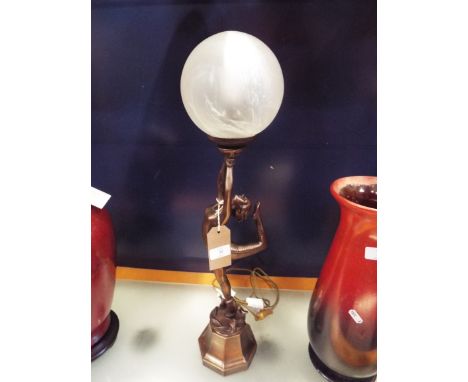 An Art Deco style bronzed table lamp in the form of a female dancer with frosted glass shade