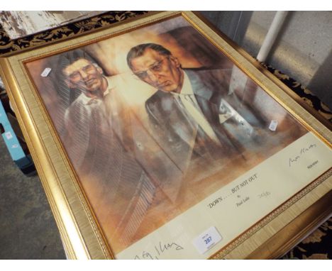 After PAUL LAKE print titled 'Down...But Not Out' depicting the Kray brothers, with printed signatures and pencilled number '