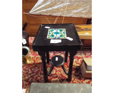 An apprentice piece miniature Arts & Crafts jardiniere stand having inset painted tile to top