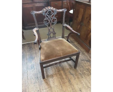 Georgian Gothic Chippendale broad arm carver chair with carved top rail, fine pierced central splat and shaped scrolled arm r