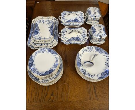 Victorian aesthetic pattern flow blue Dalehall Pottery &amp; Co dinner service to include 2 shaped lidded vegetable tureens, 