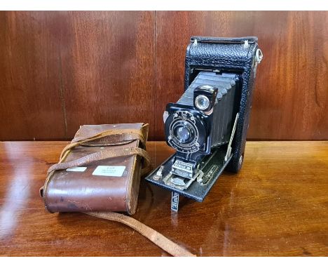 Leather cased Eastment Kodak No. 1A autographic folding camera.