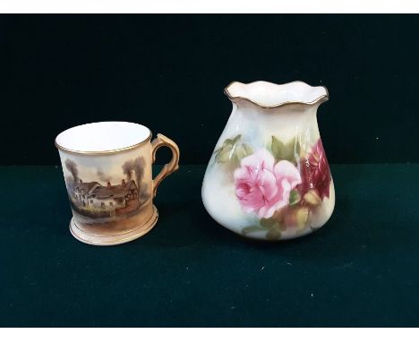 Small Worcester tankard Ann Hathaways cottage standing 2.25" and a Royal Worcester floral decorated bag vase standing 3.25".