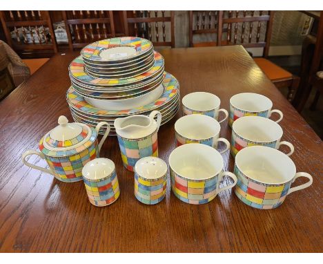 Modern Table Top Co. Mardi Gras pattern coloured 28 piece tea and dinner service and a small quantity of Wedgwood porcelain t