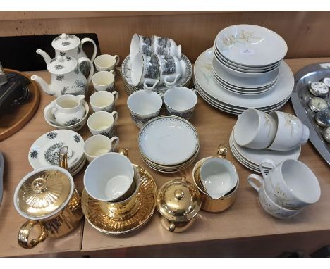 Denby Whisper pattern 4 place breakfast set, Royal Worcester gilt 2 place teaset, Bourne End teaset and a Wedgwood Rex Whistl