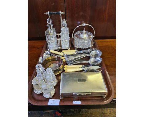 Assorted silver plated wares to include engine turned cigarette box, large and small cruet sets, covered dish, cutlery and co