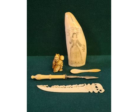 Scrimshaw sperm whale tooth with pictorial design of a lady carrying a sprig together with a Netsuke and other bone items.