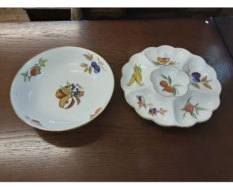 A large Royal Worcester Evesham pattern bowl 32cm diameter, a similar 34cm hors d'oeuvres dish, cut glassware, glass table wa