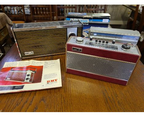 Vintage radios, Roberts R606-MB, HMV Marlborough model 2182 with brochure, Ferguson cassette recorder and a Philips D2214.
