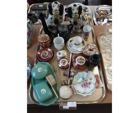 Mixed lot of pottery and porcelain to include Limoge china, Shelley and Crown Derby pin dishes, Staffordshire spaniels, novel
