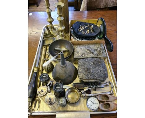 Mixed tray lot to include brass candlesticks, WWII shell case, metal jewellery boxes, pewter wine funnel, opera glasses, toas