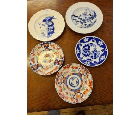 2 x Brown Westhead &amp; Moore pictorial blue and white plates and a pair of Imari dishes.