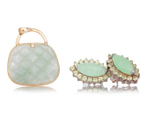 JADE PENDANT AND A PAIR OF EARRINGS the pendant modelled in the form of a handbag, mounted in nine carat gold, along with a p