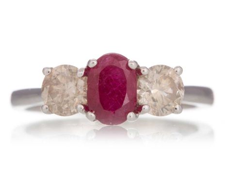 CERTIFICATED GLASS FILLED RUBY AND DIAMOND RING set with a ruby of approximately 1.10 carats, flanked by diamonds totalling a