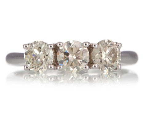 CERTIFICATED DIAMOND THREE STONE RING set with round brilliant cut diamonds totalling approximately 1.20 carats, in eighteen 