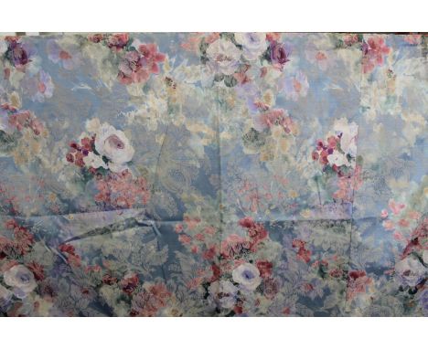 Set of four floral brocade curtains for a large bay window; comprising four curtains each 304cm x 183cm, four tiebacks and se