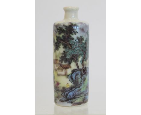 Chinese porcelain cylindrical snuff bottler with polychrome continuous landscape panel, lacking stopper. 9.5cm high. 