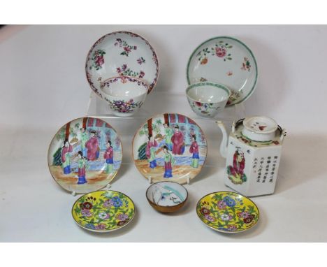 Small collection of Oriental porcelain comprising; two Chinese 18th century teabowls and saucers, pair of Chinese famille ros