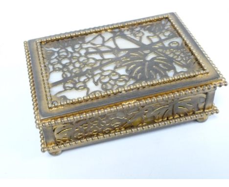 Early 20th century Tiffany Studios, New York gilt metal and cream and brown streaked opaque glass trinket box decorated with 