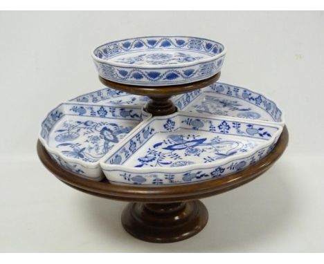 Two tier stained beech Lazy Susan with five fitted blue and white Villeroy & Boch "Dresden" pattern dishes. Approx. 36cm diam