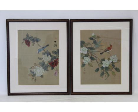 Two 20th Century Chinese paintings of birds on flowering branches, watercolour on silk, each signed with red seal mark and ca