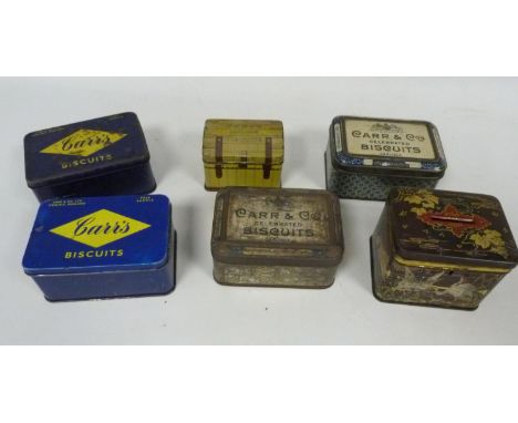 Six Carr's of&nbsp;Carlisle biscuit tins, various sizes and designs. The smallest is in the form of a travel trunk 6cm high x