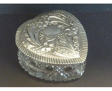 Cut glass trinket box with embossed silver cover by Huttons, Birmingham 1904. 