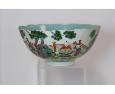 19th century Chinese porcelain famille vert bowl with lobed rim, turquoise glazed interior and exterior decorated with young 