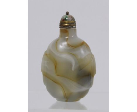 Chinese shadow agate snuff bottle, light grey with brown and white striations, mask panels to sides and hardstone and gilt me