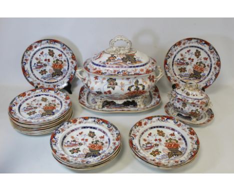 Victorian "Amherst Japan" pattern part dinner service comprising large covered tureen, covered sauce tureen and stand, ashet 
