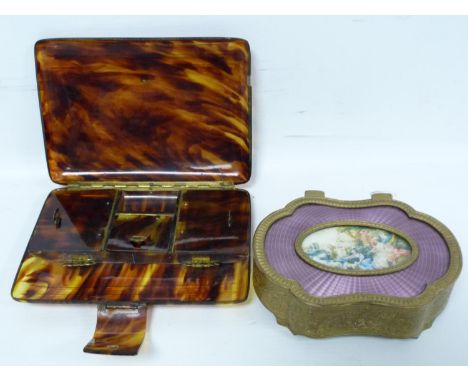 Late 19th century/early 20th century Continental gilt metal lobed trinket box with oval watercolour on ivory panel depicting 