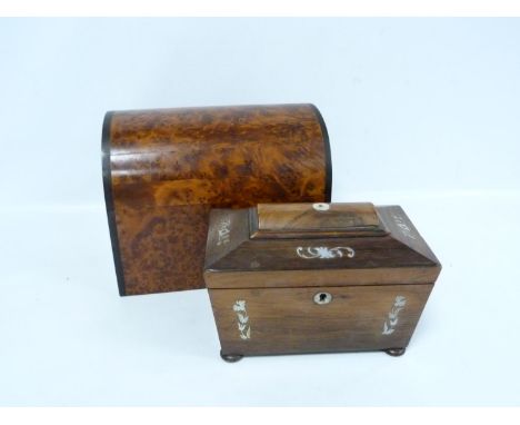 20th century burr wood dome topped box with lift out tray, 25cm wide and a small Regency rosewood tea caddy, 2035cm wide. (2)