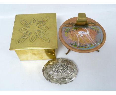 Arts and Crafts lidded copper dish of hemispherical form on three splayed feet, the domed hinged cover with brass thumb knop 