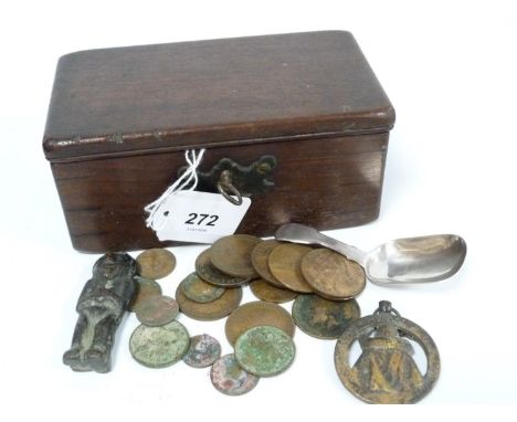 Small mahogany box containing cast bronze votive/gold weight of figural form, 7cm high, souvenir medallion, Georgian silver c