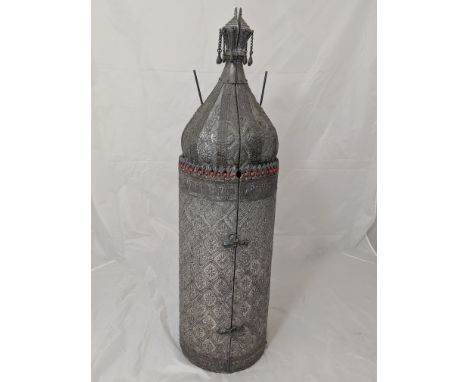 An early 20th century silver Iraqi Torah scroll case, Tik, the central sheets made of solid silver, twin finials, Hebrew text
