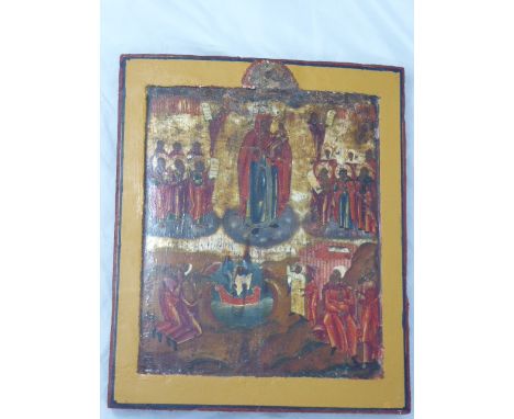 A Russian icon of the Theotokos with Christ Child, surrounded by Saints, tempera on panel, yellow border, 45cm x 37cm