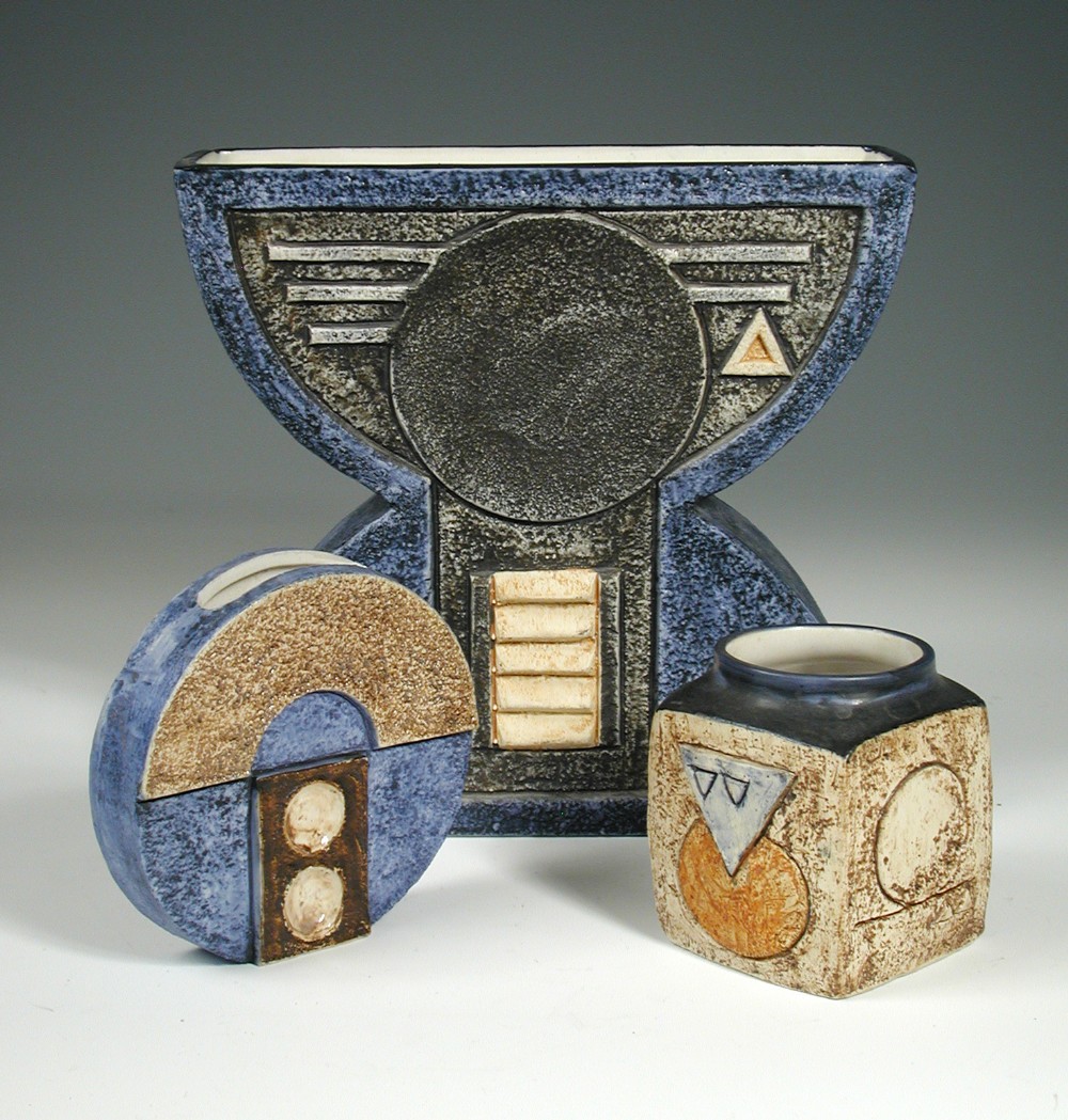 A small collection of Troika Pottery, comprising an Anvil vase by Avril