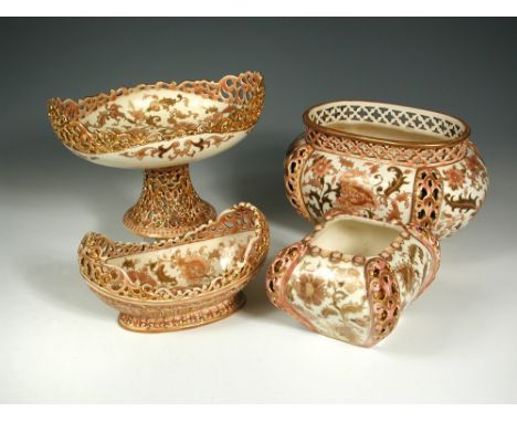 A small group of similarly decorated Zsolnay wares, comprising tazza raised on a reticulated spreading foot, 17cm (6.75in) hi