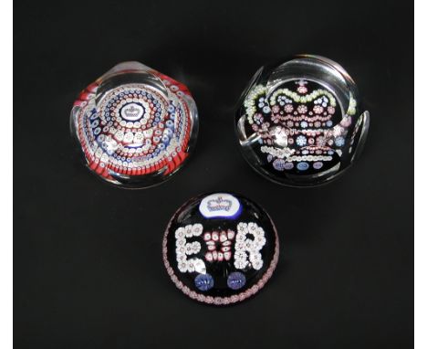 Three Whitefriars Queen Elizabeth II Silver Jubilee commemorative paperweights, one of domed form with millefiori crown and '
