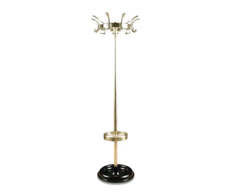 A satin aluminium hat stand, the revolving top above cylindrical column and stick stand below, cast iron base 180cm (70in)  