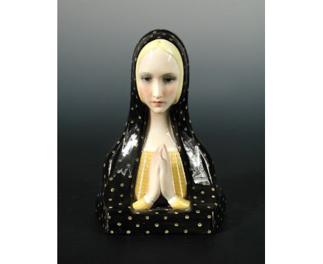 Paola Bologna for Lenci, a pottery bust of the Madonna, circa 1935, hands clasped together in prayer, the young woman wearing