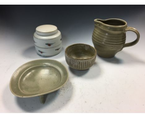 § David Leach (British, 1911- 2005), a small collection of wares, comprising a celadon glazed jug, a celadon glazed bowl on t