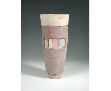 § Robin Welch (British, b.1936), a large stoneware vase, of tapering cylindrical form, the pink ground with panels of geometr