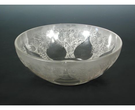 A Lalique Vases pattern bowl, the circular bowl of clear and frosted glass, moulded R. Lalique mark 8.50 x 24cm (3 x 9in)  In