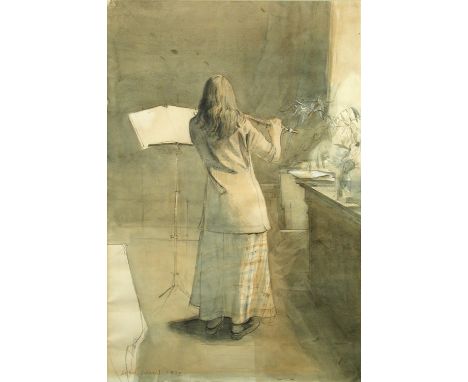 § John Ward, CBE, RA, RWS, VPRP, NEAC (British, 1917-2007) Portrait of Charlotte Ward, the artist's daughter, playing the flu