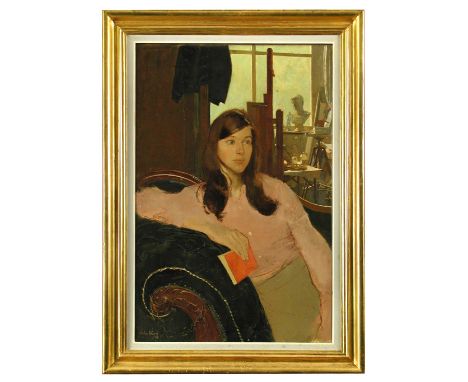 § John Ward, CBE, RA, RWS, VPRP, NEAC (British, 1917-2007) Portrait of Lucy Freeman, half length, in the artist's studio sign