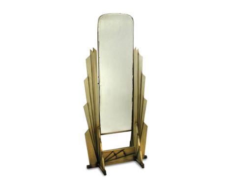 An Art Deco cheval mirror, the rounded rectangular plate within fan-shaped supports painted in silver 158 x 68cm (62 x 27in) 